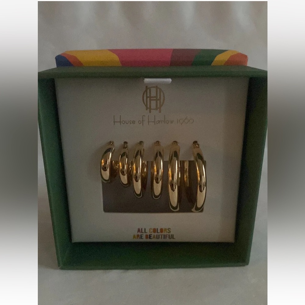 HOUSE OF HARLOW 1960 3p Thick Large Set Gold Tone Hoop Snap Closure Earrings